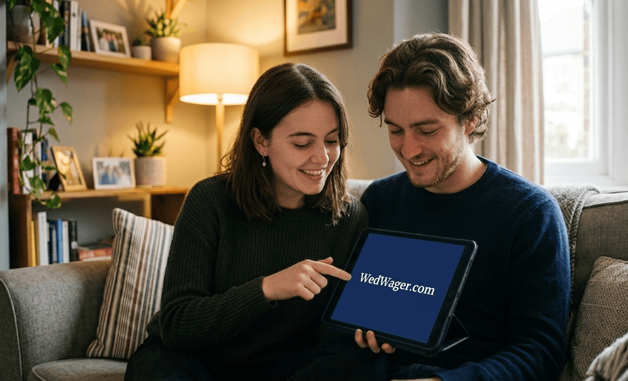 Couple setting up WedWager on a tablet